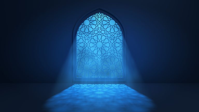 Moon light shine through the window into islamic mosque interior. Ramadan Kareem islamic background